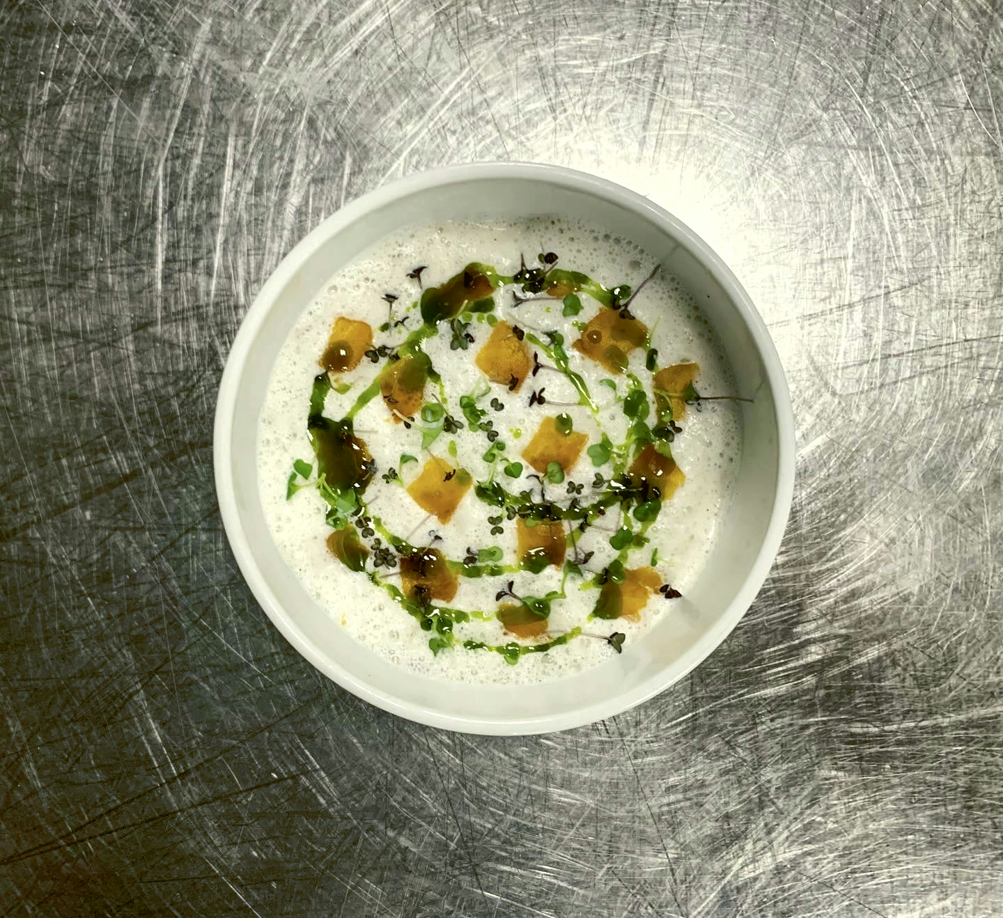 Velouté, herb oil, croutons