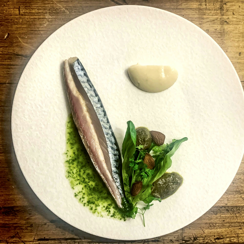 Mackerel, herb oil, almonds
