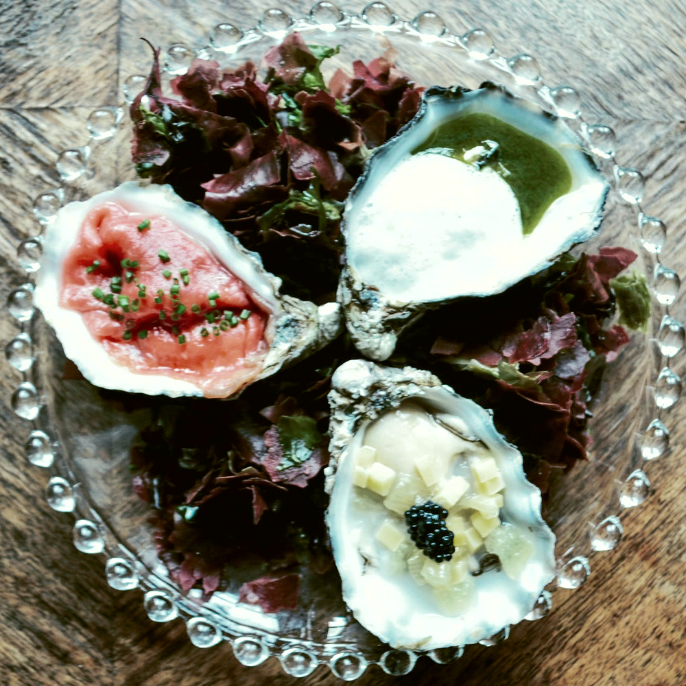Oysters four ways, seaweed
